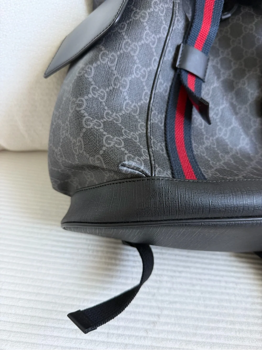 Gucci Black GG Canvas Backpack with Red-Blue Webbing never used